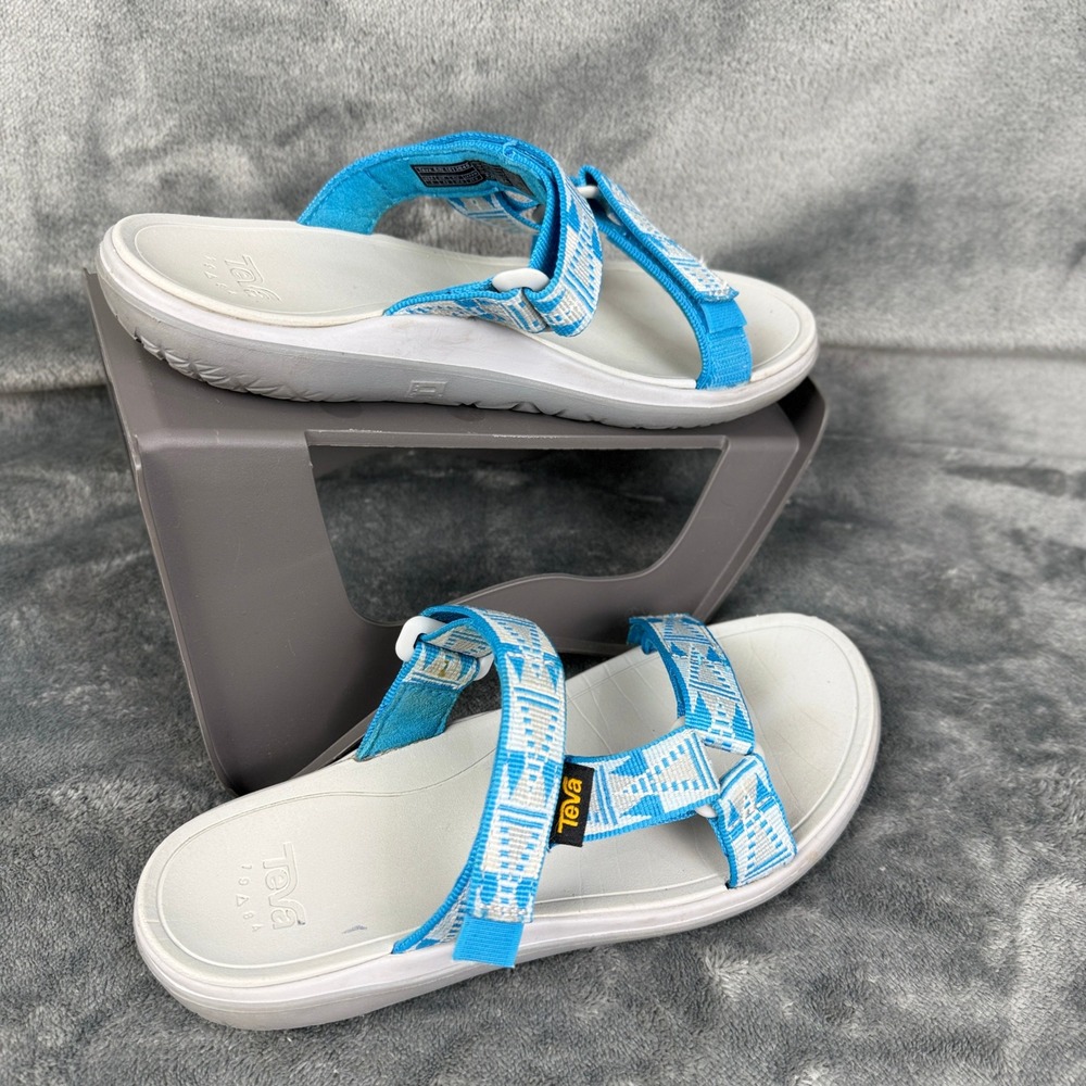 Teva Sandals Women's Sz Strappy Walking Sandal Aqua Blue White Pattern Comfort - Picture 7 of 12